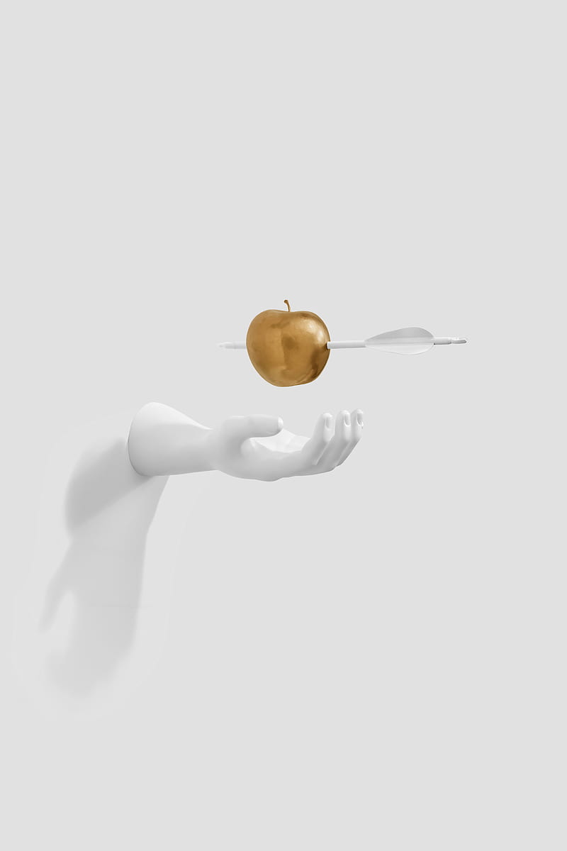 apple, arrow, hand, sculpture, minimalism, HD phone wallpaper