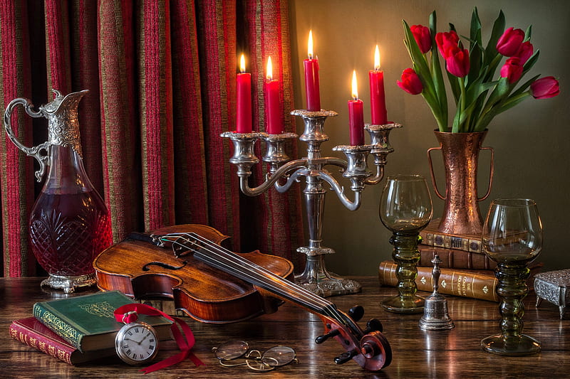 Tulip Serenade, still life, violin, books, tulips, candles, HD wallpaper