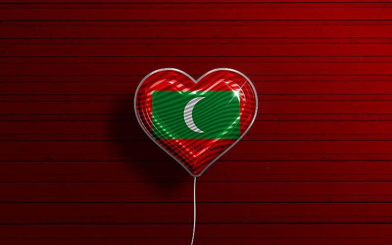 I Love Maldives realistic balloons, red wooden background, Asian countries, Maldives flag heart, favorite countries, flag of Maldives, balloon with flag, Maldives flag, Love Maldives, HD wallpaper