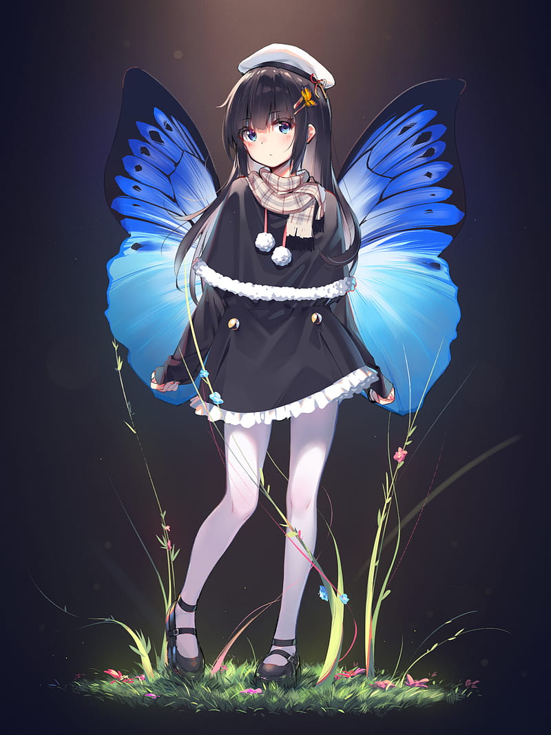 girl, wings, butterfly, anime, art, HD phone wallpaper