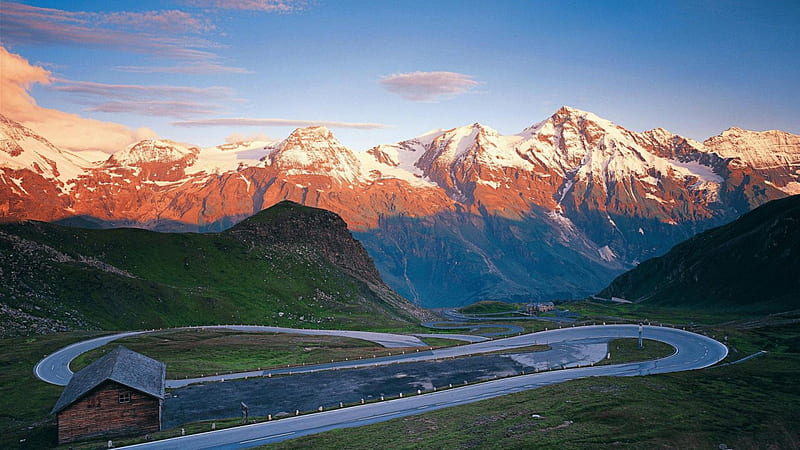 serpentine road on austrian mountains, serpentine, grass, mountains, road, cabins, HD wallpaper
