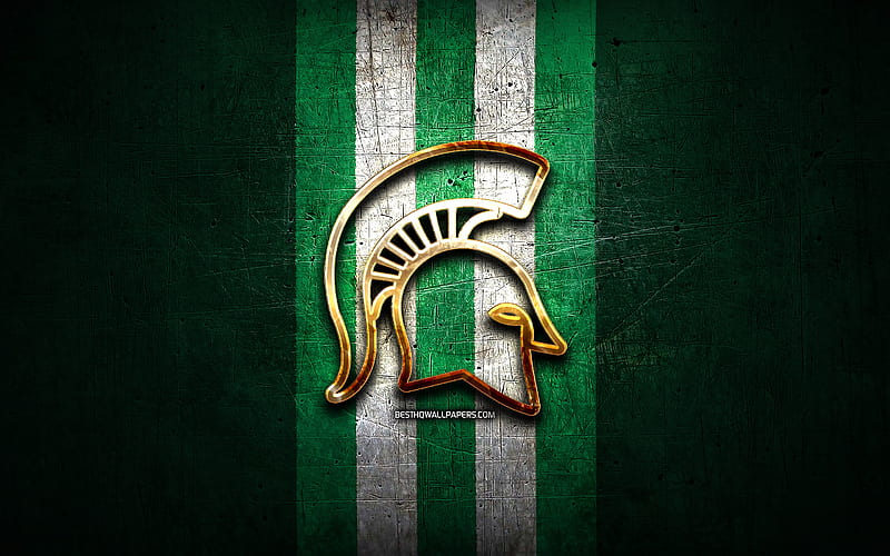 Michigan State Spartans, golden logo, NCAA, green metal background, american football club, Michigan State Spartans logo, american football, USA, HD wallpaper