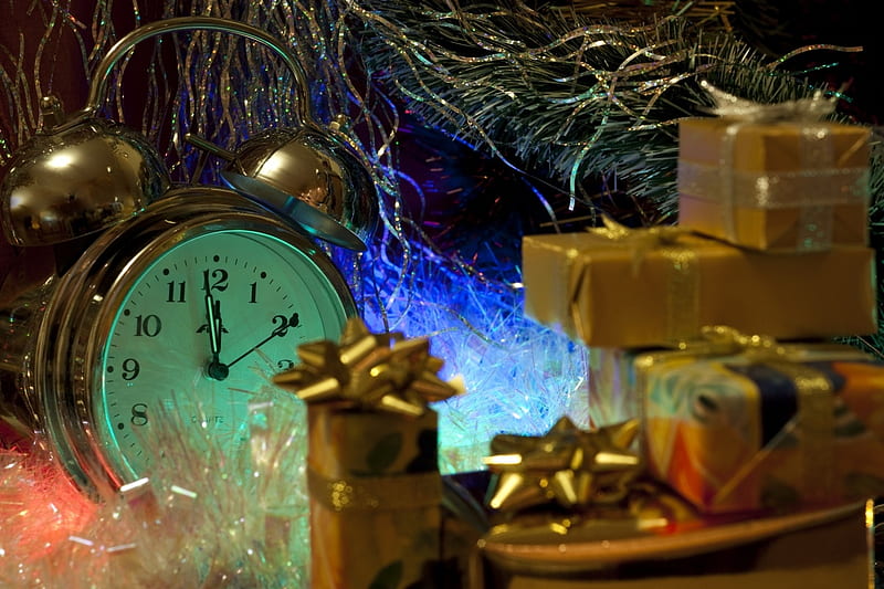 Happy New Year, gold decorated, clock, bonito, gifts, lightining, HD wallpaper