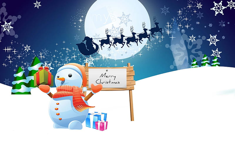 New Year Eve, winter, snow, Christmas, snowman, Christmas tree, HD wallpaper