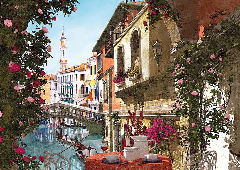 Venice View, boat, canal, houses, painting, flowers, artwork, HD wallpaper