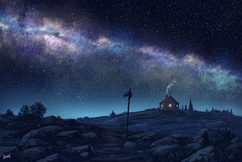 anime starry sky, night, house, anime landscape, scenery, mood, Anime, HD wallpaper