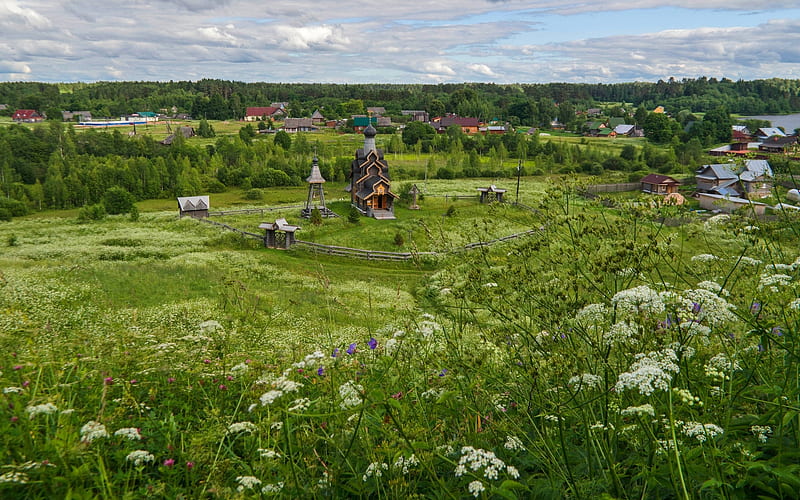 Village Zaluchye, Russia, Russia, village, fields, church, meadow, HD wallpaper