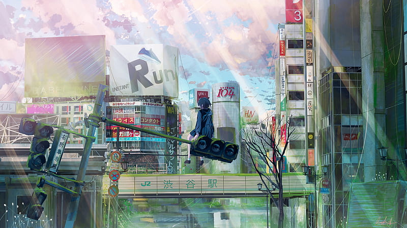 anime cityscape, post-apocalyptic, buildings, sunrays, anime school girl, Anime, HD wallpaper