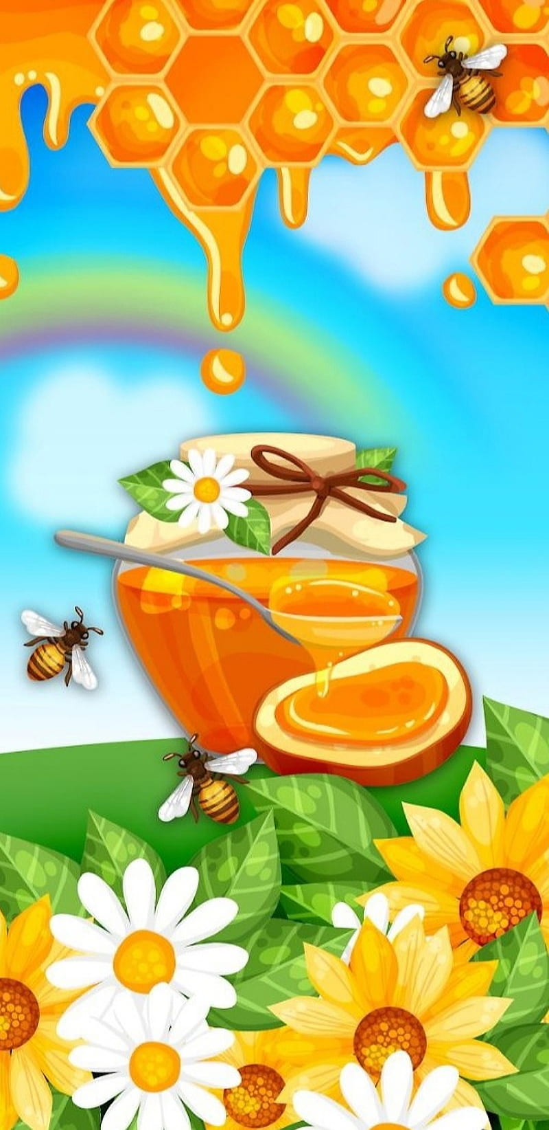 1080p Free Download Honey Pot Bee Cute Floral Flower Honey Pretty Hd Phone Wallpaper 