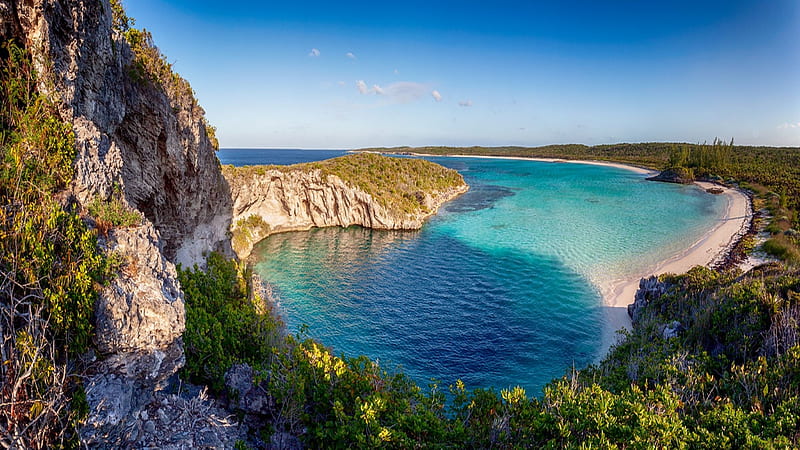Caribbean Island, ocean, white sand, blue clear water, Deans Blue hole, mountains, flowers, long island Bahamas, tropical, HD wallpaper