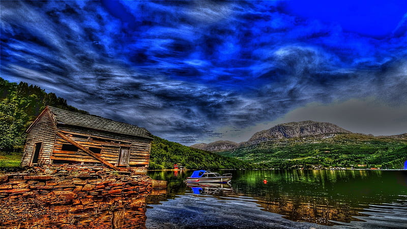 amazing lakescape r, mountain, boat, boathouse, clouds, lake, HD wallpaper