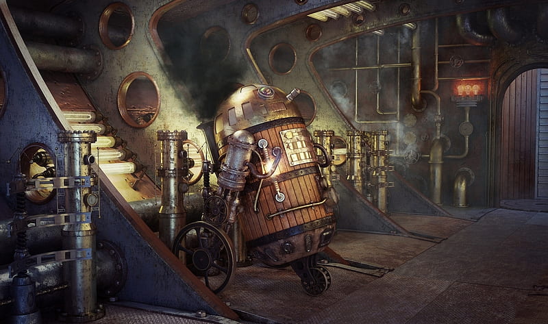 steampunk room, futuristic, robot, smoke, la maquina, pipes, Sci-fi, HD wallpaper