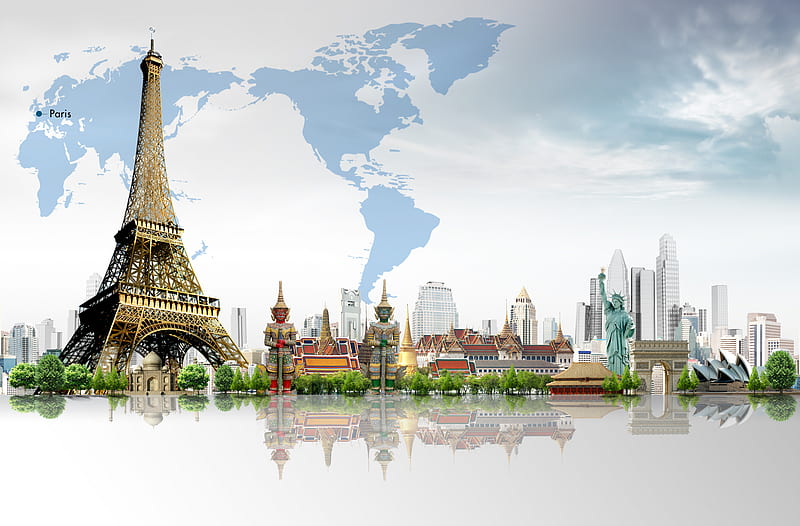 Around The World, paris, collage, travelling, eiffel tower, HD wallpaper