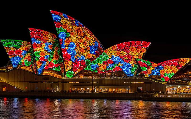 Sydney, Sydney Opera House, evening, bright illumination, colorful flowers, Australia, HD wallpaper