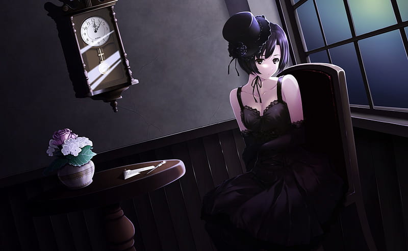 Midnight Affair, pretty, dress, bonito, sublime, sweet, nice, loli, gothic, anime, hot, beauty, anime girl, chair, gorgeous, table, female, lovely, gown, lolita, clock, sexy, hat, girl, cap, lady, maiden, HD wallpaper
