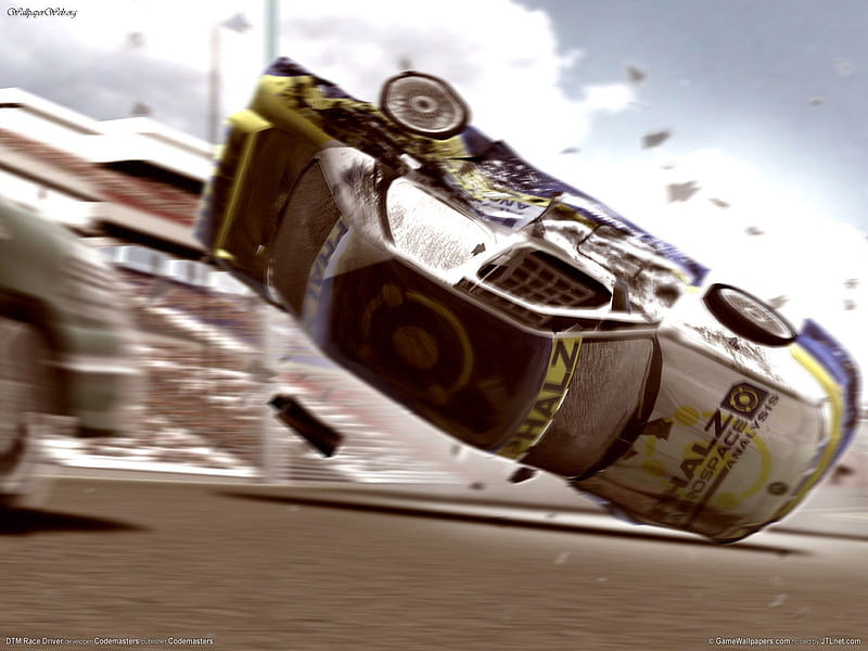 Accident, race, slide, damage, video game, game, racing, driver, speed, two, road, street, fast, chasing, destruction, booster, carros, dtm, HD wallpaper
