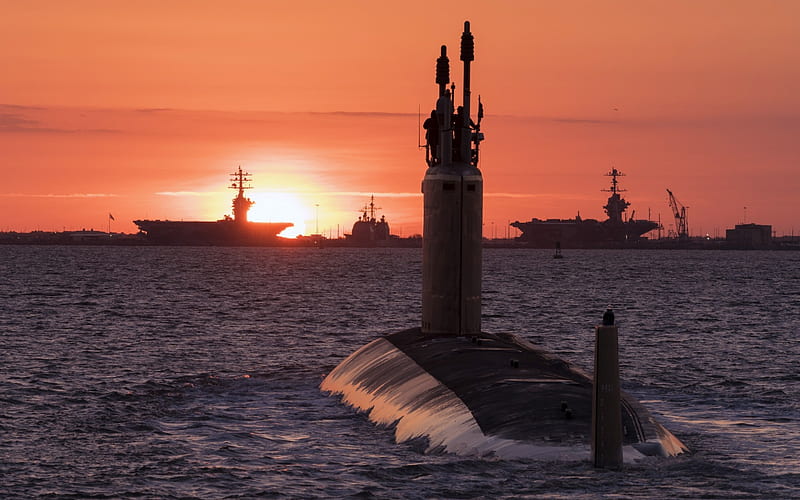 nuclear submarine, US Navy, sunset, sea, nuclear aircraft carriers, warships, HD wallpaper