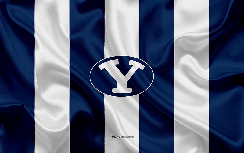 Brigham Young Cougars, American football team, emblem, silk flag, blue and white silk texture, NCAA, Brigham Young Cougars logo, Provo, Utah, USA, American football, BYU Cougars football, HD wallpaper