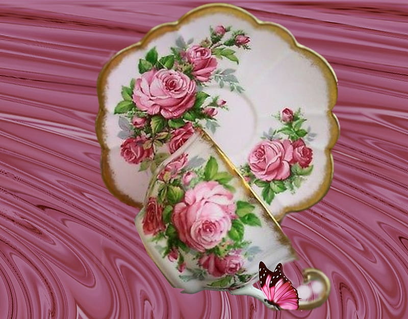 Rose Tea Cup Set, album, awesome pink world, Rouge Rose 2U, tea cup, rose, grandma gingerbread, pink, HD wallpaper
