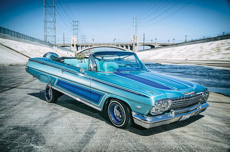 1964ChevroletImpala Classic GM Blue Bowtie Lowrider HD wallpaper   Peakpx