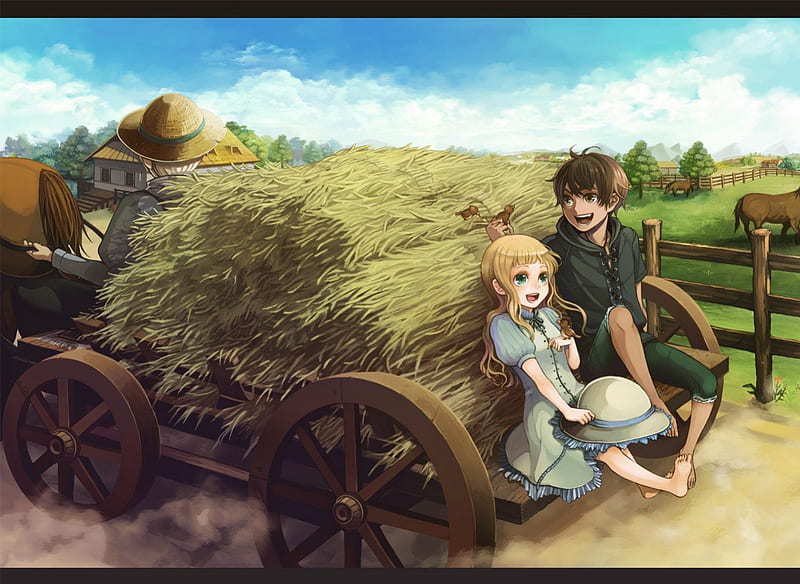 Country Ride, pretty, dress, country side, bonito, sweet, nice, anime, beauty, wheel, anime girl, female, male, lovely, country, horse, boy, wagon, ride, HD wallpaper
