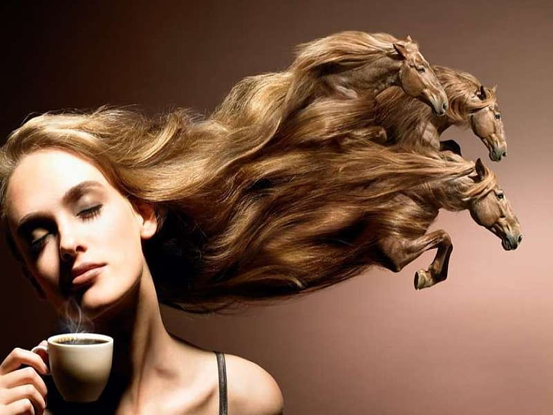 :-), model, brown, creative, horse, woman, fantasy, girl, coffee, cai, cup, HD wallpaper
