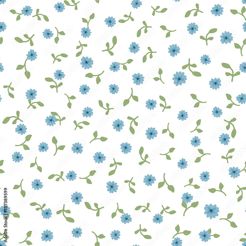 Cute floral seamless pattern. Repeated small blue flowers and green leaves on white background. Stock Vector, Pretty Blue Flower, HD phone wallpaper