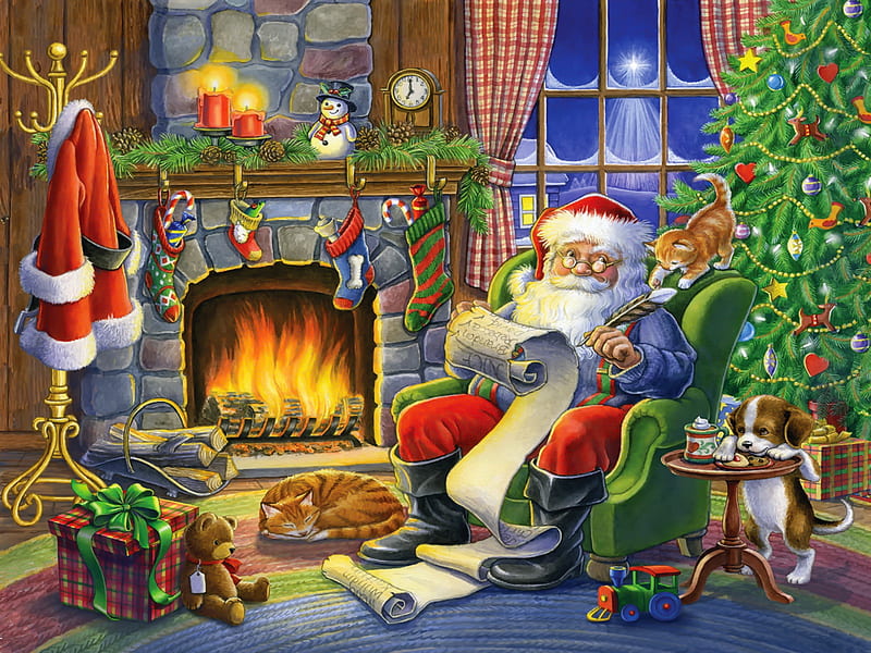 Santa's list, pretty, home, adorable, eve, sweet, fireplace, list, toys, art, cozy, window, holiday, christmas, decoration, fun, joy, winter, cute, tree, santa, presents, HD wallpaper