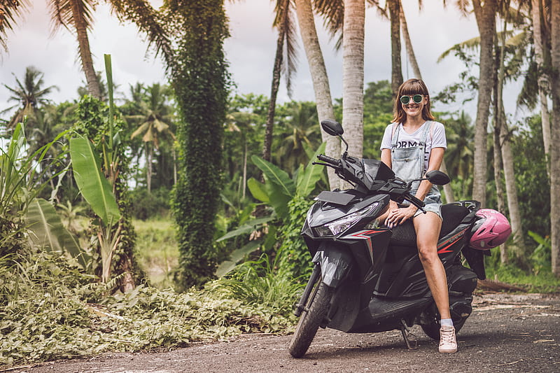 woman smiling on top of black motor scooter, HD wallpaper
