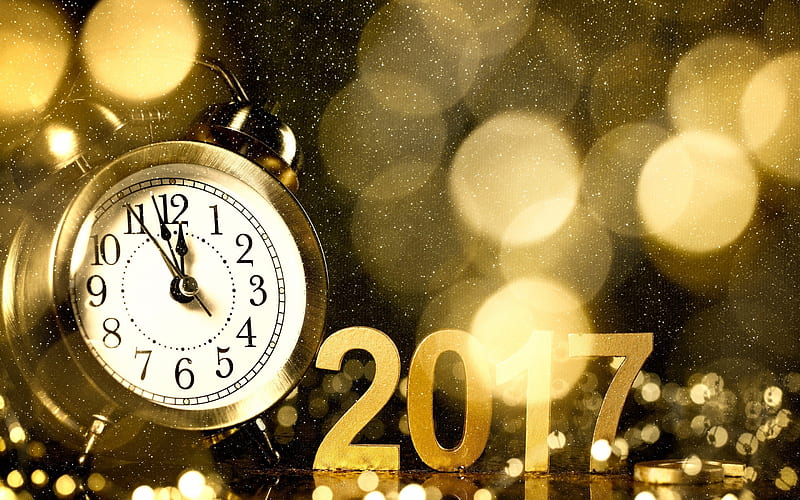 Happy New Year 2017, bokeh, clock, christmas decorations, New Year, HD wallpaper