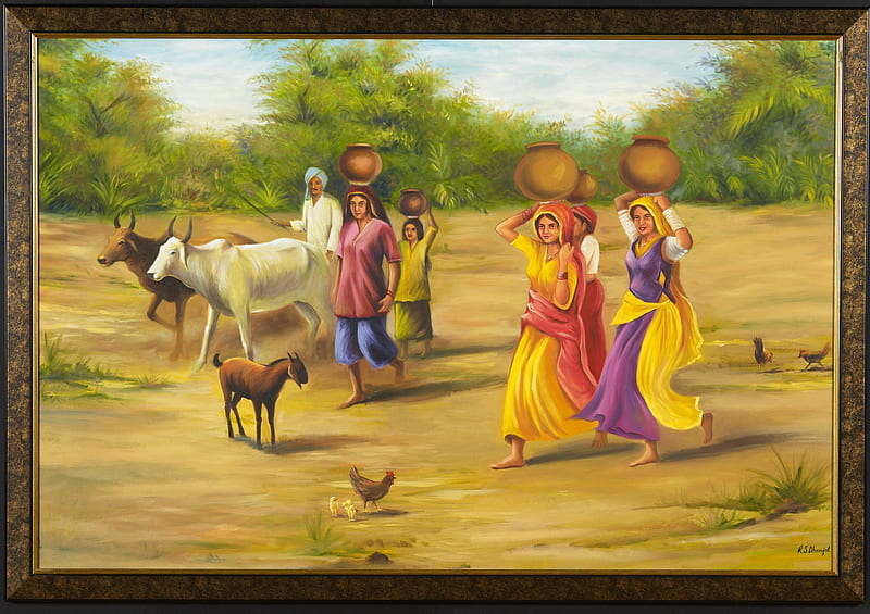 Rajasthani Replica villagers ft – Rustic gold frame. Museum Style Paintings, HD wallpaper