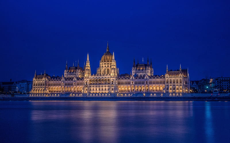 Hungarian Parliament Building, Budapest, Danube River, evening, sunset, landmark, Parliament of Budapest, Hungary, HD wallpaper