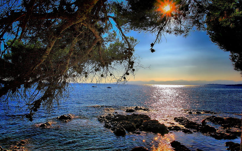 sun rays on a wonderful seacoast, rocks, boats, sun, rays, trees, coast, sea, HD wallpaper