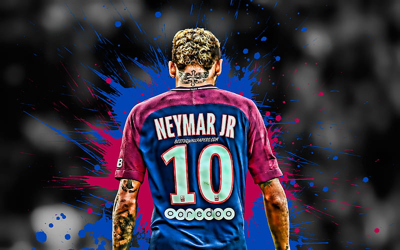 Neymar, blue and purple blots, brazilian footballers, PSG, back view, soccer, Ligue 1, Neymar JR, Paris Saint-Germain, football, grunge, France, Neymar back view, HD wallpaper
