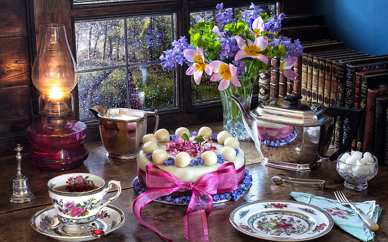 Happy Easter!, lantern, blow, cup, easter, pink, tea, cake, food, sweet, egg, HD wallpaper