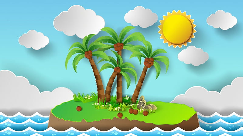 Fantasy Island, sun, cocunuts, cut out, sky, clouds, palm trees, sea, water, 3D, nature, sunshine, paper, island, HD wallpaper