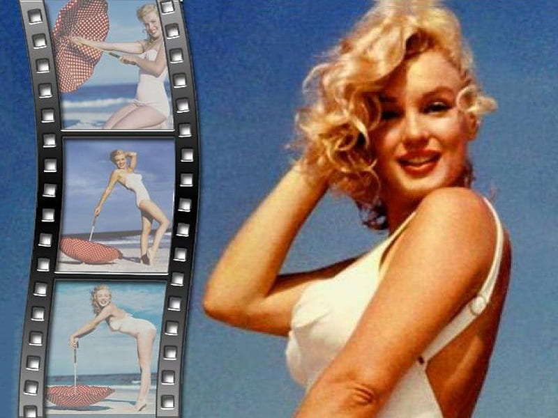 Marilyn Monroe Fun In The Sun, pretty, blond, umbrella, bonito, woman, sweet, beach, actress, people, legend, beauty, pink, blue, vintage, female, ocean, black, marilyn monroe, sexy, cute, icon, idol, HD wallpaper