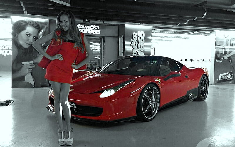 Katya Clover and a Ferrari, Model, Red, Posing, Ferrari, HD wallpaper