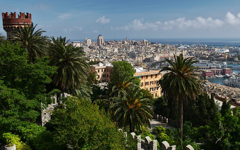 Genoa, cityscape, summer, seaport, beautiful city, Genoa panorama, Genoa skyline, Liguria, Italy, HD wallpaper