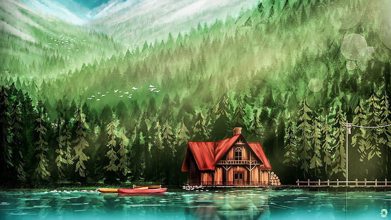 house, river, forest, art, HD wallpaper