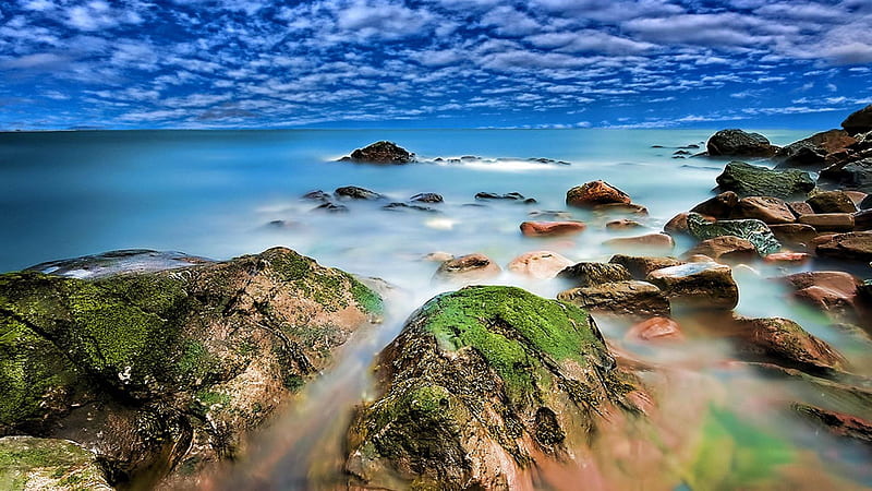 Beautiful Morning at the Seaside, oceans, foggy, bonito, clouds, sea, fog, nice, calm, stones, landscapes, moss, beauty, morning, smoke, amazing, dawn, , view, oceanscape, smoky, sky, water, cool, beaches, awesome, day, seascape, nature, HD wallpaper