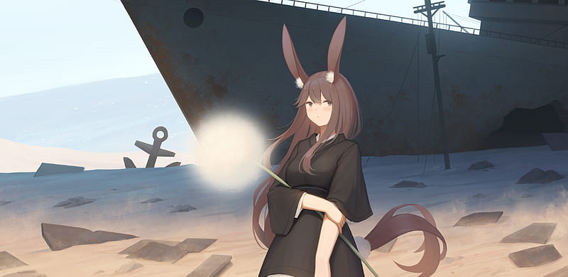 anime bunny girl, black dress, animal ears, ship, brown hair, Anime, HD wallpaper