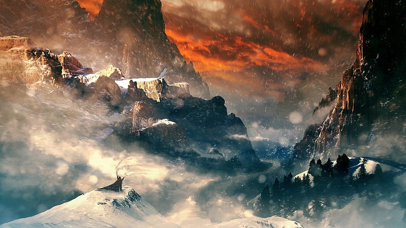 fantasy landscape, blizzard, knight, cape, mountains, Fantasy, HD wallpaper