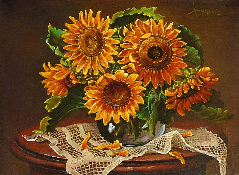 Sunflowers, pretty, orange, home, sunny, vase, bonito, artwork, still life, leaves, nice, flowers, room, table, art, lovely, delicate, freshness, bouquet, petals, HD wallpaper