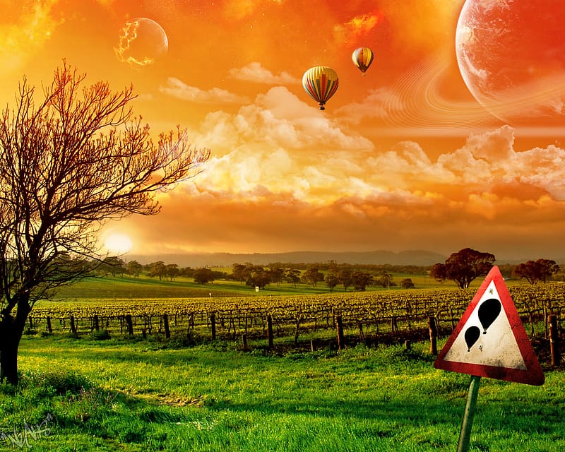 Landscape, Sun, , Planet, Cloud, A Dreamy World, Hot Air Balloon, HD wallpaper