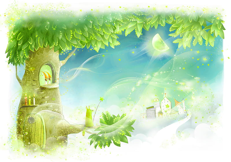 Fairy Tale, tree, fantasy, moon, leaves, sky, blue, HD wallpaper