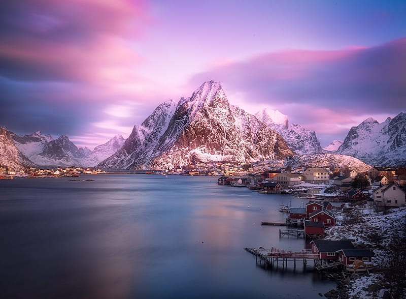 Fjord, Sea, Mountains, Town, Norway, Winter, HD wallpaper