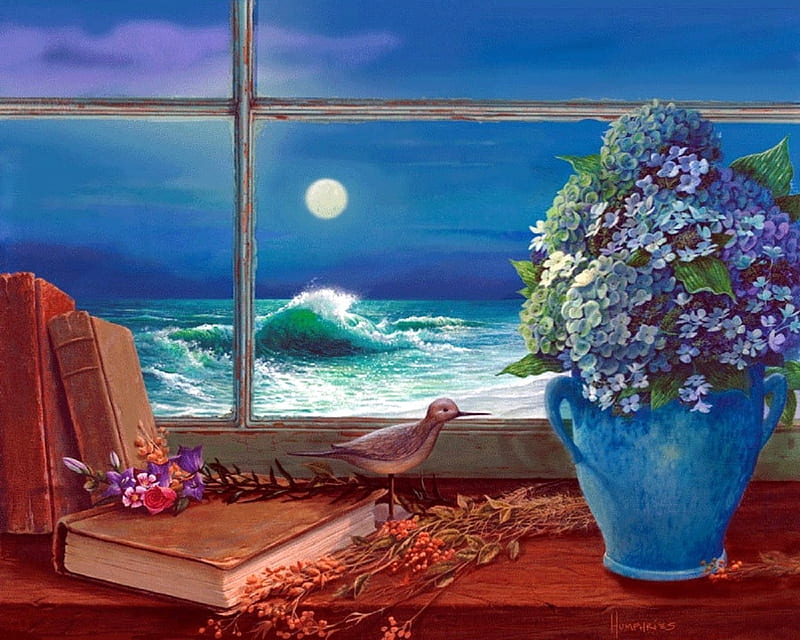 Hydrangea Moon, moons, hydrangea, window, books, love four seasons, vase, attractions in dreams, sea, paintings, paradise, beaches, bird, summer, flowers, seaside, nature, HD wallpaper