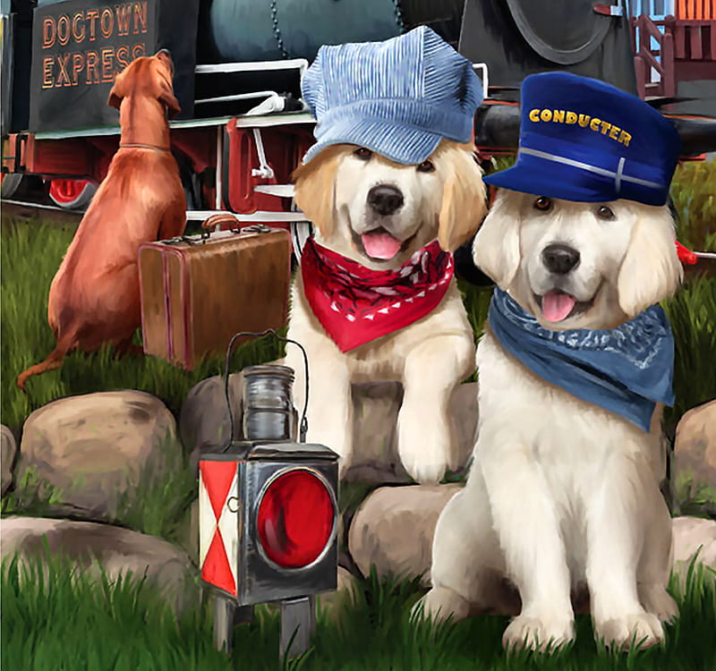 Dog Town Express FC, art, bonito, pets, illustration, artwork, canine, animal, train, painting, wide screen, tracks, dogs, HD wallpaper