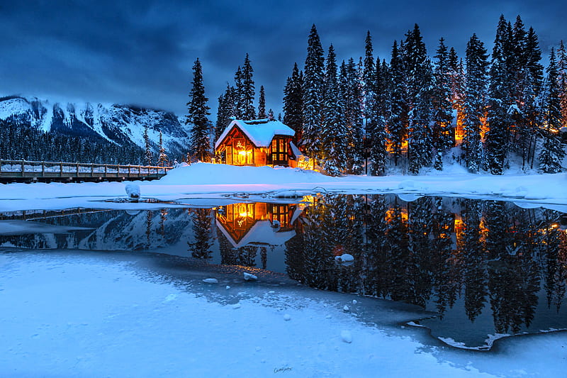 Man Made, Hut, Snow , Mountain , Forest , Lake , Bridge, HD wallpaper